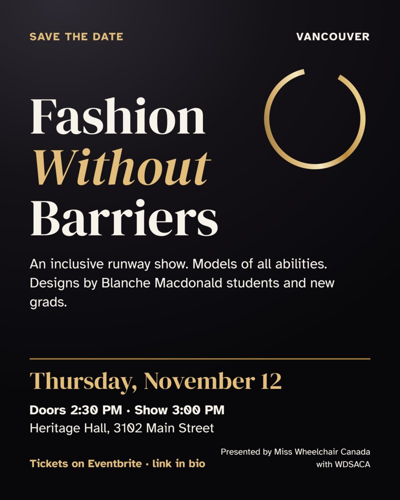 Save the Date poster for Fashion Without Barriers: black background, open gold ring, Thursday November 12, Heritage Hall, 3102 Main Street, Vancouver.